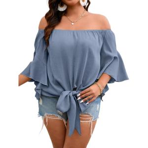 image:imageFloerns Womens Plus Size Off Shoulder 34 Bell Sleeve Knot Tie Front Blouses TopDusty Blue