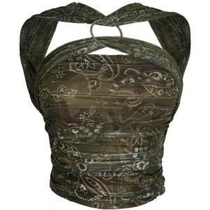 image:imageFloerns Womens Plus Size Paisley Top Metal Ring Ruched Sleeveless Open Back Crop TopsArmy Green
