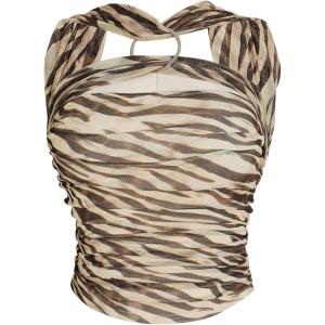 image:imageFloerns Womens Plus Size Paisley Top Metal Ring Ruched Sleeveless Open Back Crop TopsBeige Zebra Striped
