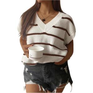 image:imageFloerns Womens Plus Size Striped V Neck T Shirts Dolman Sleeve Ribbed Knit Pullover SweaterBrown