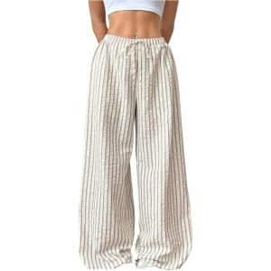 image:imageFloerns Womens Plus Size Striped Wide Leg Pants Drawstring Lounge Pajama Bottom Baggy PantsApricot