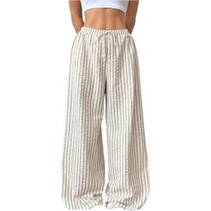 image:imageFloerns Womens Plus Size Striped Wide Leg Pants Elastic Waist Drawstring Lounge TrousersApricot