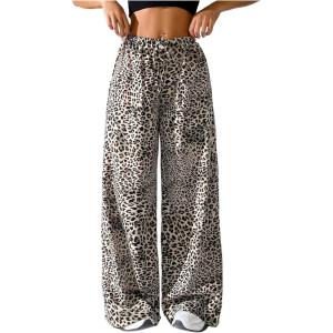 image:imageFloerns Womens Plus Size Striped Wide Leg Pants Elastic Waist Drawstring Lounge TrousersGrey Leopard