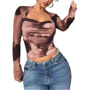 image:imageFloerns Womens Plus Size Tie Dye Long Sleeve T Shirts Square Neck Going Out Tee TopsBrown