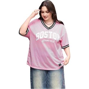 image:imageFloerns Womens Plus Size Y2k Jersey Shirts Letter Mesh V Neck Half Sleeve Oversized Tee TopsPink