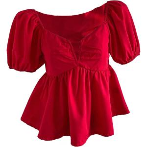 image:imageFloerns Womens Puff Sleeve Peplum Top Notched Neck Ruffle Hem Cute Blouse TopsRed