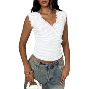 image:imageFloerns Womens Ruched Sleeveless T Shirts Mesh Frill Trim V Neck Fitted Tank TopsWhite