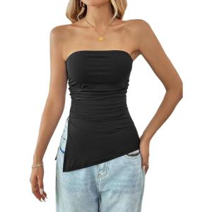 image:imageFloerns Womens Ruched Slit Strapless Tube Top Sleeveless Asymmetrical Bandeau TopsBlack