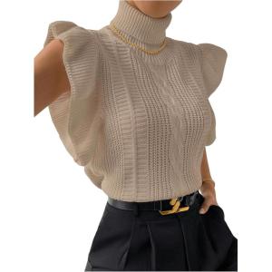 image:imageFloerns Womens Ruffle Trim Cable Knit Sweater Vest Turtleneck Sleeveless Tank TopsApricot