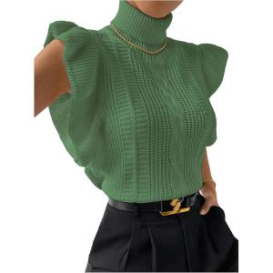 image:imageFloerns Womens Ruffle Trim Cable Knit Sweater Vest Turtleneck Sleeveless Tank TopsArmy Green