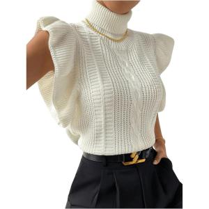 image:imageFloerns Womens Ruffle Trim Cable Knit Sweater Vest Turtleneck Sleeveless Tank TopsBeige