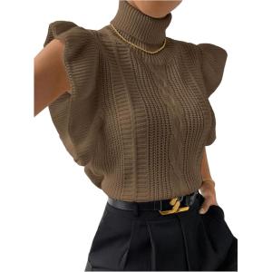 image:imageFloerns Womens Ruffle Trim Cable Knit Sweater Vest Turtleneck Sleeveless Tank TopsChocolate Brown