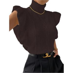 image:imageFloerns Womens Ruffle Trim Cable Knit Sweater Vest Turtleneck Sleeveless Tank TopsCoffee Brown