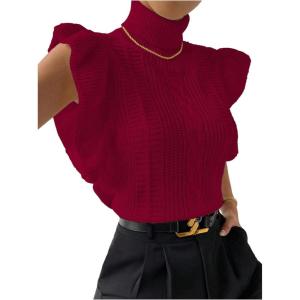 image:imageFloerns Womens Ruffle Trim Cable Knit Sweater Vest Turtleneck Sleeveless Tank TopsRed