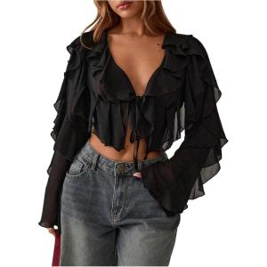 image:imageFloerns Womens Ruffle Trim Mesh Long Sleeve Blouses V Neck Tie Front Crop TopsBlack