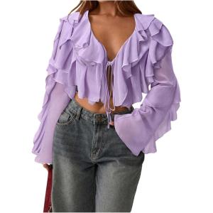 image:imageFloerns Womens Ruffle Trim Mesh Long Sleeve Blouses V Neck Tie Front Crop TopsLilac Purple