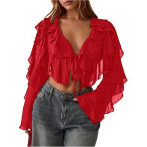 image:imageFloerns Womens Ruffle Trim Mesh Long Sleeve Blouses V Neck Tie Front Crop TopsRed