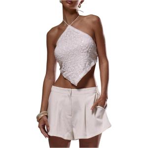 image:imageFloerns Womens Sequin Hanky Hem Halter Tops Sleeveless Sparkly Beaded Tie Back Crop TopsWhite