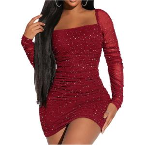 image:imageFloerns Womens Sequin Mesh Long Sleeve Square Neck Ruched Mini Bodycon DressBurgundy