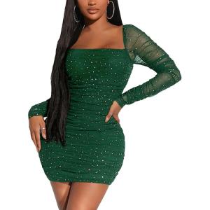 image:imageFloerns Womens Sequin Mesh Long Sleeve Square Neck Ruched Mini Bodycon DressDark Green