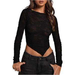 image:imageFloerns Womens Sheer Lace Long Sleeve T Shirt Crew Neck Asymmetrical Hem Crop TopsBlack