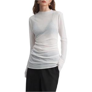 image:imageFloerns Womens Sheer Mesh Long Sleeve T Shirts Mock Neck Ruched Going Out TopsWhite