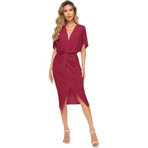 image:imageFloerns Womens Short Sleeve V Neck Twist Front Split Midi DressBurgundy