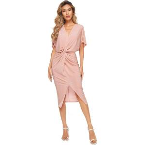 image:imageFloerns Womens Short Sleeve V Neck Twist Front Split Midi DressDusty Pink