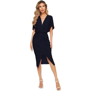 image:imageFloerns Womens Short Sleeve V Neck Twist Front Split Midi DressNavy New