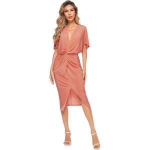 image:imageFloerns Womens Short Sleeve V Neck Twist Front Split Midi DressOrange