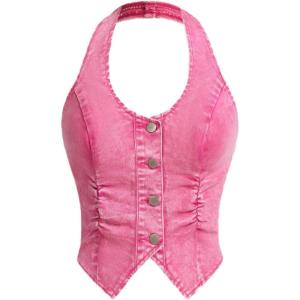 image:imageFloerns Womens Sleeveless Button Up Denim Halter Tops Ruched Asymmetrical Hem Tank TopsPink
