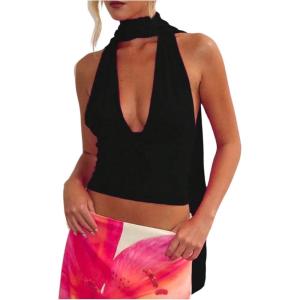 image:imageFloerns Womens Sleeveless Halter Tops Deep V Neck Going Out Tank Top with ScarfBlack