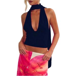 image:imageFloerns Womens Sleeveless Halter Tops Deep V Neck Going Out Tank Top with ScarfDark Blue