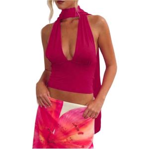 image:imageFloerns Womens Sleeveless Halter Tops Deep V Neck Going Out Tank Top with ScarfHot Pink