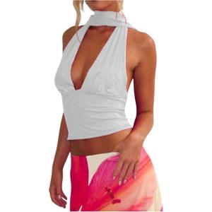 image:imageFloerns Womens Sleeveless Halter Tops Deep V Neck Going Out Tank Top with ScarfWhite