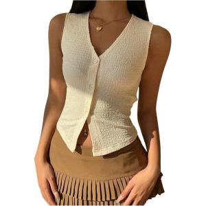 image:imageFloerns Womens Sleeveless V Neck Button Up Knit Vest Y2k Trendy Tank Going Out Crop TopsApricot