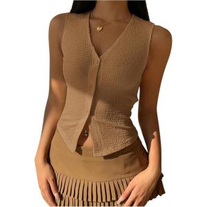 image:imageFloerns Womens Sleeveless V Neck Button Up Knit Vest Y2k Trendy Tank Going Out Crop TopsKhaki