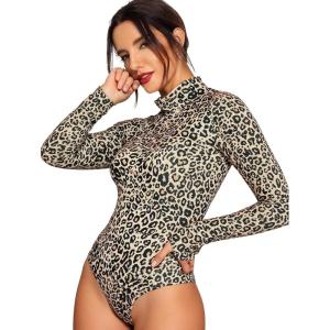 image:imageFloerns Womens Solid Leotard Long Sleeve Turtleneck BodysuitBrown Leopard