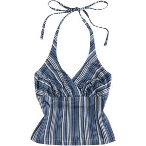 image:imageFloerns Womens Striped Crop Halter Tops Wrap Tie Backless Going Out Camisole TopBlue Multi