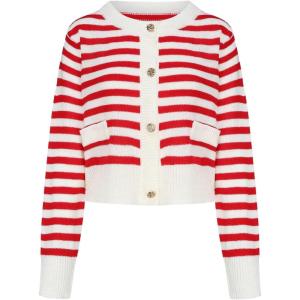 image:imageFloerns Womens Striped Long Sleeve Cardigans Button Down Crewneck Fall Outfit Sweaters OuterwearRed
