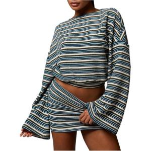 image:imageFloerns Womens Striped Round Neck Bell Sleeve T Shirt Long Sleeve Drop Shoulder Sweatshirt Blue Multi Medium