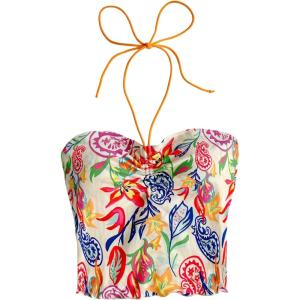 image:imageFloerns Womens Summer Boho Floral Tie Halter Sleeveless Paisley TopsApricot