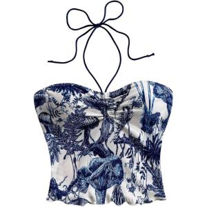 image:imageFloerns Womens Summer Boho Floral Tie Halter Sleeveless Paisley TopsBlue and White