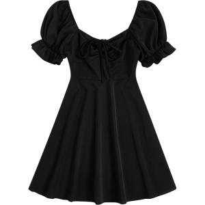 image:imageFloerns Womens Summer Drawstring Sweetheart Neck Puff Sleeve A Line Short DressBlack Dull
