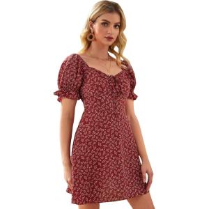 image:imageFloerns Womens Summer Drawstring Sweetheart Neck Puff Sleeve A Line Short DressBurgundy