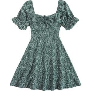 image:imageFloerns Womens Summer Drawstring Sweetheart Neck Puff Sleeve A Line Short DressDark Green