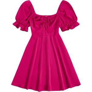 image:imageFloerns Womens Summer Drawstring Sweetheart Neck Puff Sleeve A Line Short DressHot Pink