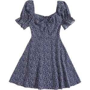 image:imageFloerns Womens Summer Drawstring Sweetheart Neck Puff Sleeve A Line Short DressNavy Blue