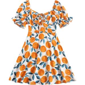 image:imageFloerns Womens Summer Drawstring Sweetheart Neck Puff Sleeve A Line Short DressOrangeWhiteBlue