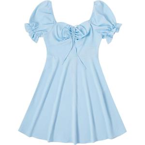 image:imageFloerns Womens Summer Drawstring Sweetheart Neck Puff Sleeve A Line Short DressPale Blue